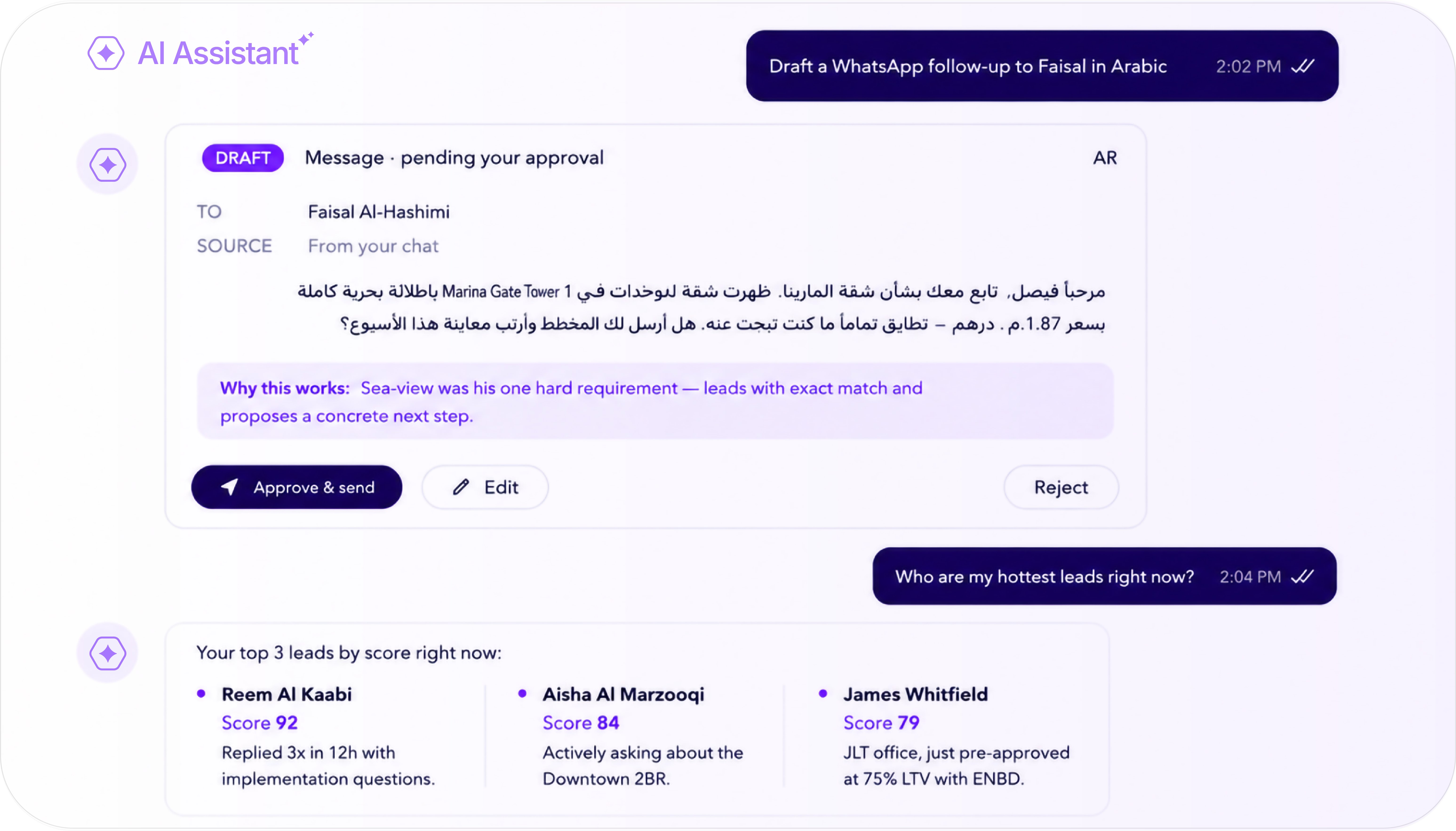 AI Intelligence: AI assistant drafting replies and ranking leads
